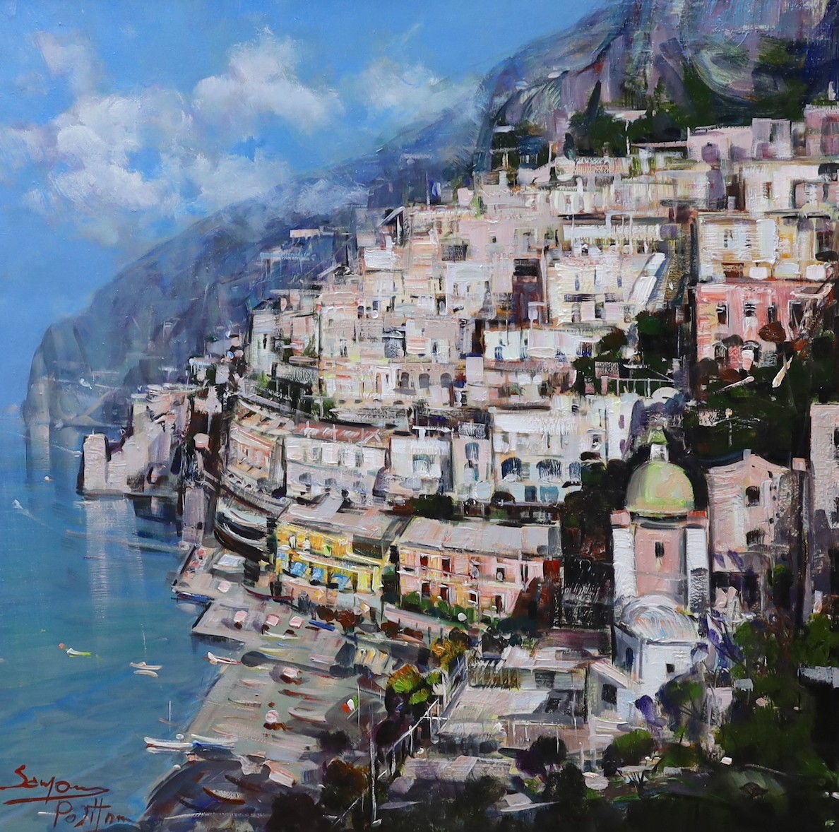 Mario Sanzone (Italian, b.1946), oil on canvas, 'Positano', signed, 60 x 60cm